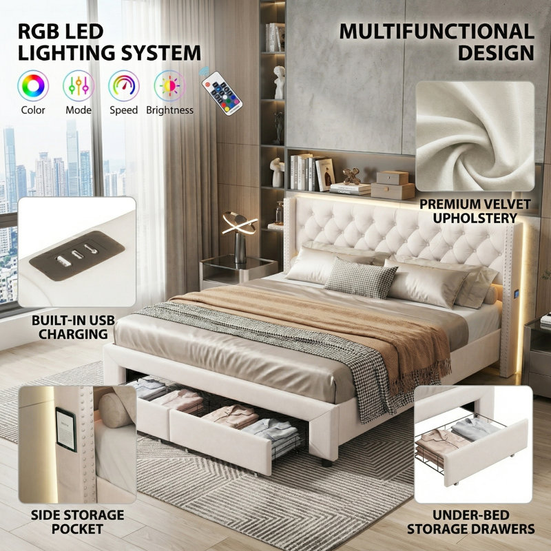 EU King (160x200cm) Velvet Storage Bed with Drawers, Smart LED Headboard with Nailhead Trim & USB Ports,  Beige