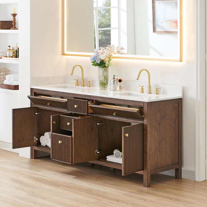 Lala 72" Double Bathroom Vanity with Grain White Engineered Stone Countertop without Mirror, Brown Oak