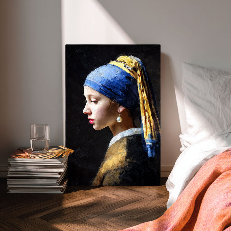 Fille avec une boucle d'oreille perle, art sur toile classique prêt à être accroché - Studio élégant, H 12 po x l 8 po