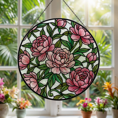 12"H Pink Roses Stained Glass Window Panel