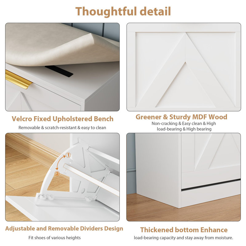 Shoe Cabinet with Bench, 4 Flip Drawers, Adjustable Left/Right Cushioned Seat & Removable Shelves, White