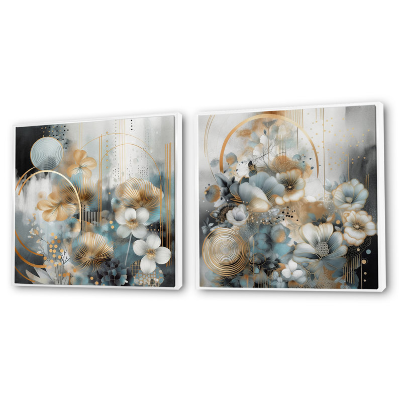 Golden Blue Silky Flower Design - Ensemble de 2 collages floraux carrés, Cadre flottant blanc, H 30 po x l 61 po