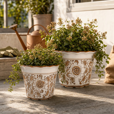 Modern Chinoiserie Ceramic Outdoor Flower Pot Planter for Patio - Decorative Indoor Planter for Living Room and Home Decor - Set of 2