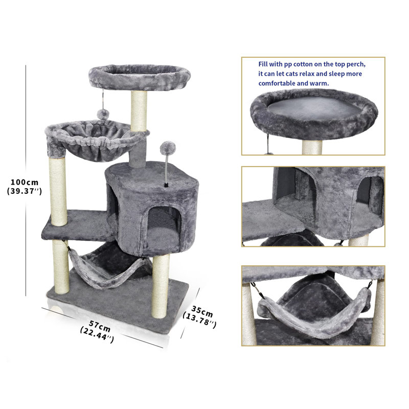 Gray Faux Fur Cat Tree with Condo and Hammock