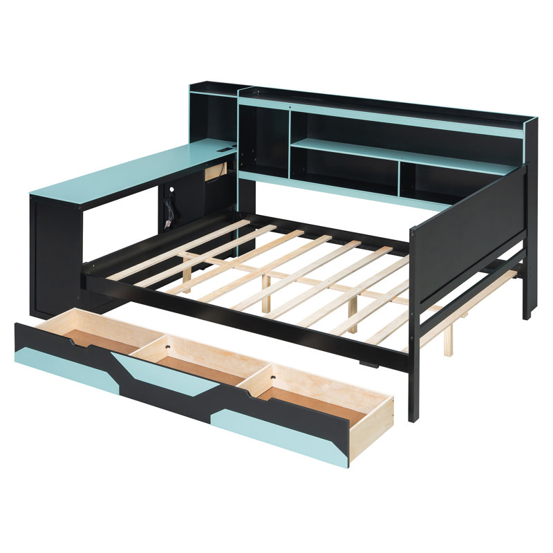 Lit de jour avec bureau et lumières intégrés, base de lit en bois moderne avec 3 tiroirs de rangement et station de charge intégrée