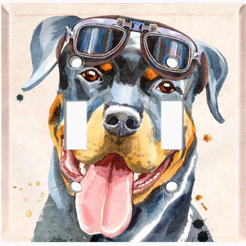 Adorable plaque murale à 2 interrupteurs à bascule pour chien avec lunettes d'aviateur Rottweiler