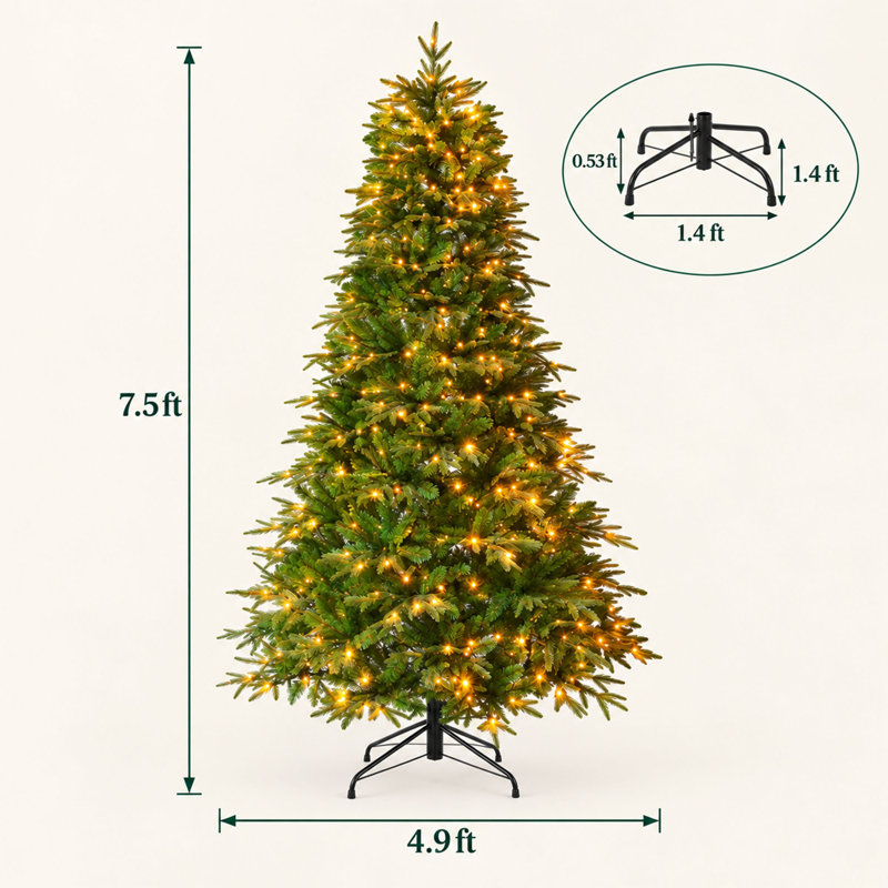 Sapin de Noël floqué de 2,3 m avec lumières DEL bicolores et support en métal