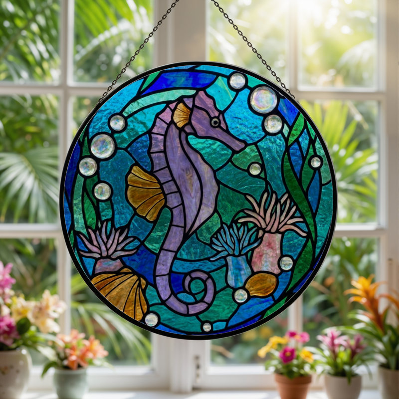 7.8"H Seahorse Ocean Stained Glass Window Panel, 7.8" H x 7.8" W