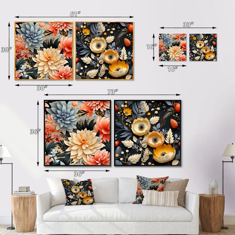 «Israël» - Ensemble de 2 collages carrés floraux, H 30 po x l 61 po, Toile tendue
