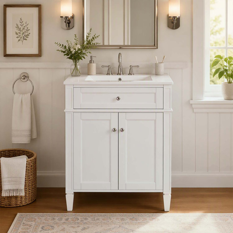 Meuble-lavabo de 61 cm (24 pouces) avec 2 portes, tiroir basculant et lavabo, portes à fermeture amortie, rangements intégrés pour un rangement optimal