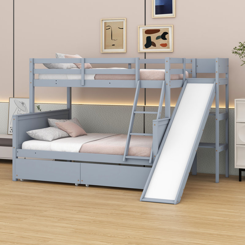 Lit superposé avec tiroirs, glissade, tablettes, échelle, Gris