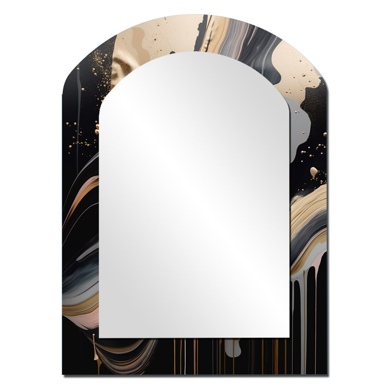 Gold And Black Marbled Euphoria III - Marble Asymmetrical Decorative Wall Mirror, Modern Arch Mirror, Printed Metal Art