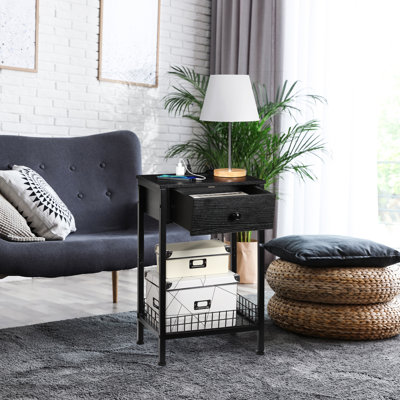 Table de bout étroite avec tiroir, table d'appoint industrielle rétro pour petits espaces, tablette de rangement pour table de chevet (noir)
