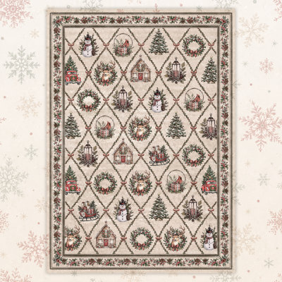 Festive Holiday Season Beige Area Rug with Vintage Deer and Snowman, Soft Indoor Christmas Carpet for Dining Living Room