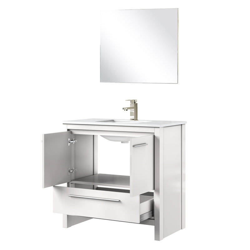 Miroir 28 po avec meuble-lavabo blanc et comptoir en quartz, robinet en nickel brossé - Nécessaire pour améliorer la salle de bain