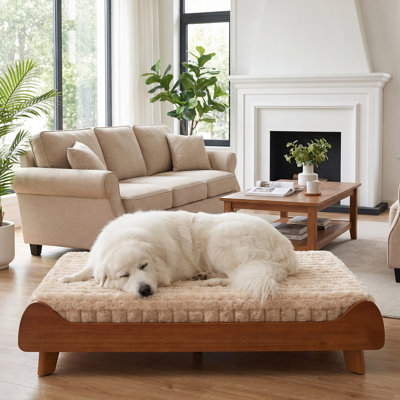 Elevated Dog Bed - Solid Wood Dog Bed Frame with Soft Cushion & Washable Cover, Raised Dog Bed for Large Pets up to 180lbs, 38x23.6x8.5 in, Brown