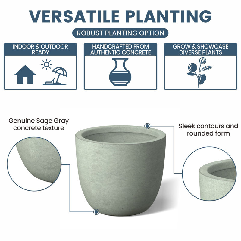Pot à fleurs / pot rond en béton avec trous de drainage, Gris sauge, H 18 po x l 18 po x P 17 po