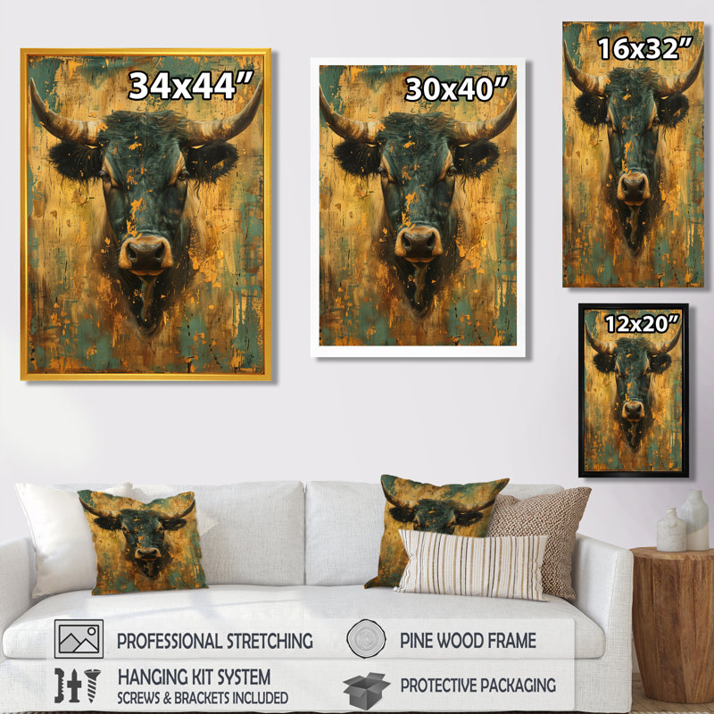 Reproduction d'art murale rétro, Taureau vert doré, H 20 po x l 12 po x P 1 po, Toile tendue