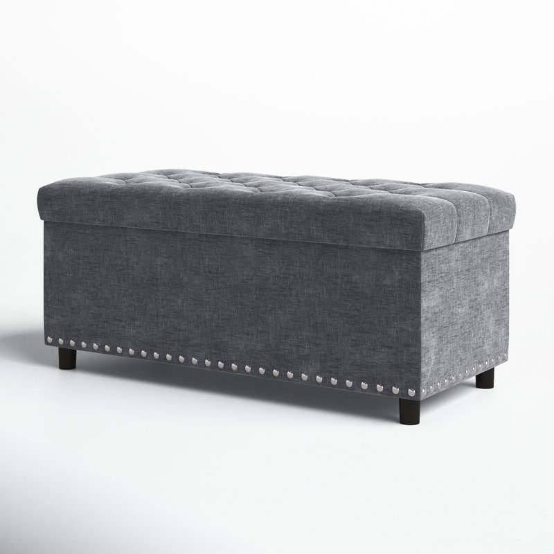 Repose-pieds de rangement rectangulaire capitonné de 35,43 po de large Almarin, Lin gris