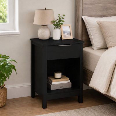 Wood Nightstand with Storage Drawer & Bottom Open Shelf, Modern Small Freestanding Bed Side Table End Table for Bedroom, Living Room and Small Space