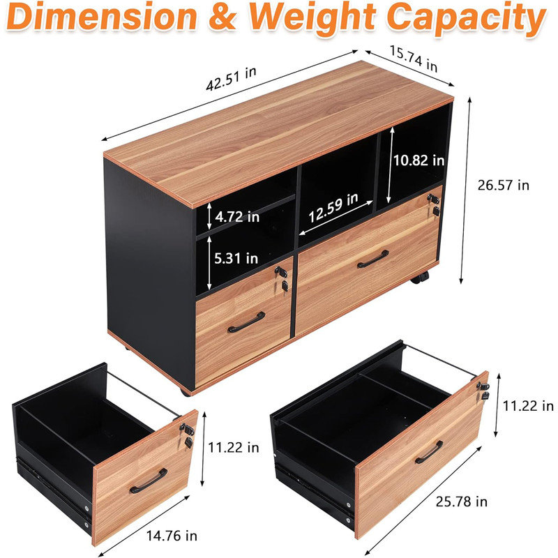 2 Drawer File Cabinet with Lock, Walnut Rolling File Cabinet for Home Office Fits Files Letter/Legal/F4/A4