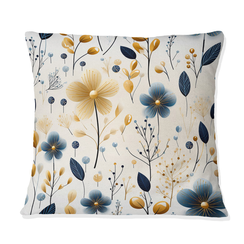 Minimalist Charm Floral Motif en bleu - Coussin décoratif imprimé floral, H 16 po x l 16 po