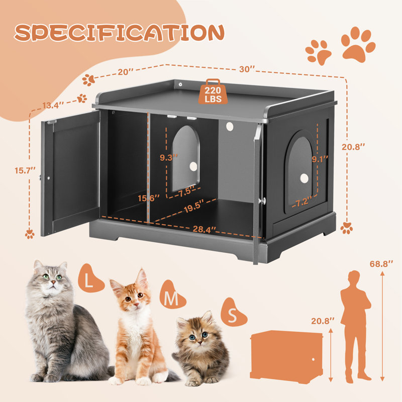 Enceinte de litière pour chat avec séparateur et porte spacieuse, gris
