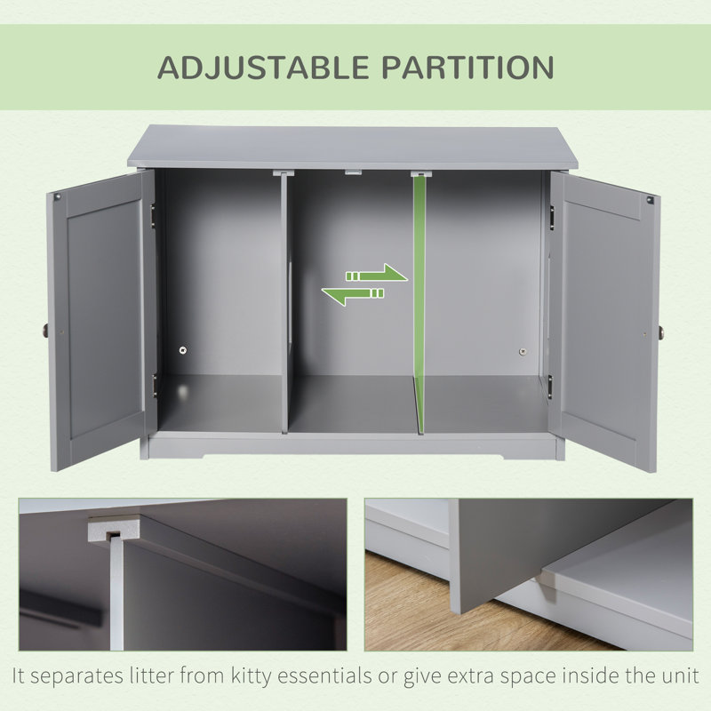 Khadijah Modern Cat Litter Box Enclosure With Adjustable Partition For Customizable Space, Cat Washroom End Table For Indoor Cats With Hidden Storage Cabinet Space, Dark Gray
