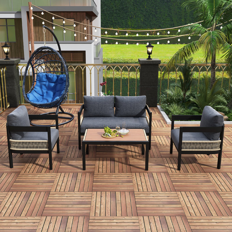 Multi-Person Outdoor Iron Sofa Set With A Table, Rattan Decoration, Waterproof, Rust-Proof, Gray
