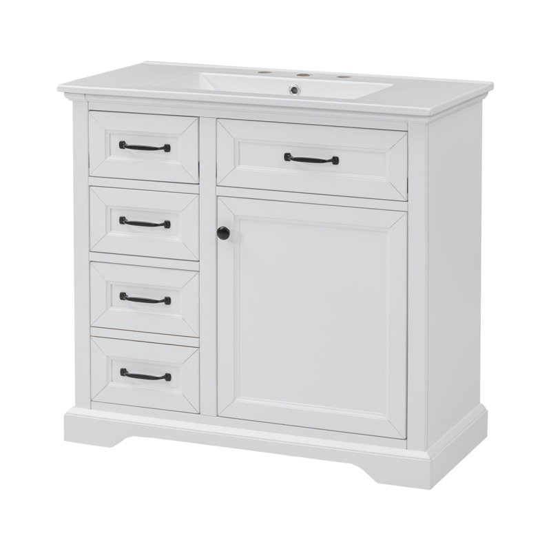 36-Inch Freestanding Bathroom Vanity with Ceramic Sink and Storage, White/Black