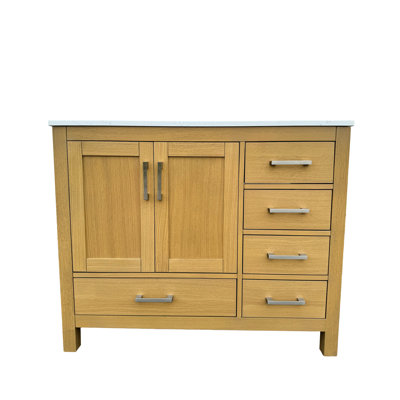 Meuble-lavabo en chêne avec lavabo et trou de robinet 42 po, 2 armoires de rangement à 5 portes, comptoirs, céramique, silencieux, fabrication en contreplaqué de bois massif, 2 portes, 5 tiroirs, lavabo en céramique, tiroirs, peint à l'eau