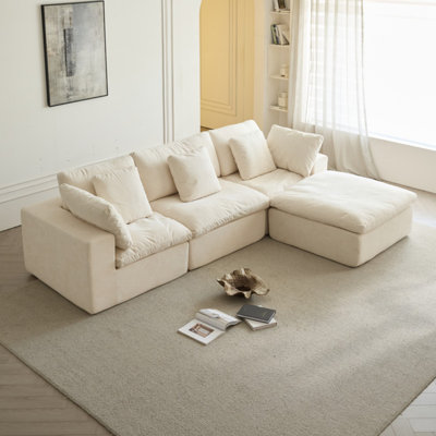 Cloud Modular Sectional Sofa, Oversized Sectional Couches For Living Room, Cushion Deep Seat Sofa Set, Corduroy L Shaped Couch With 1 Ottoman (Beige)