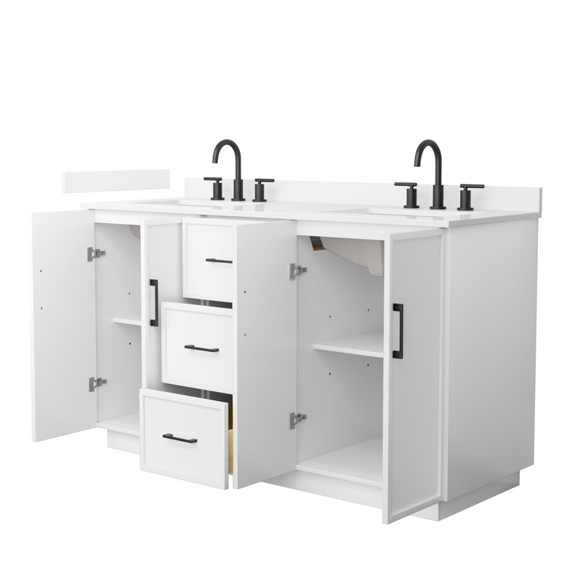 Elan TK 60" Freestanding Double Bathroom Vanity with Quartz Top, White, White Quartz, Matte Black