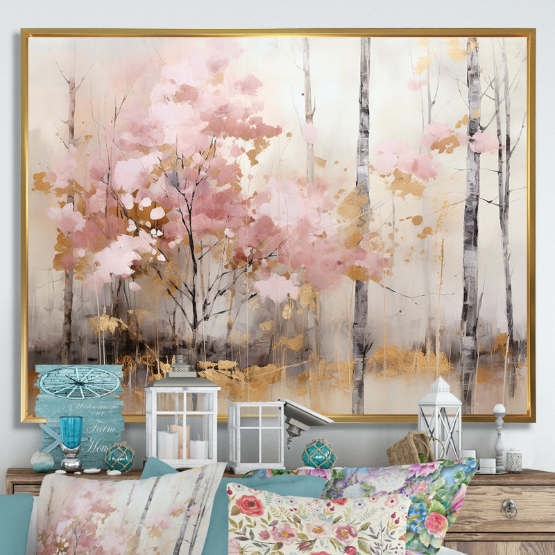 «Minimalisme rose et forêt dorée», reproduction sur toile, H 24 po x l 32 po x P 1 po, Cadre flottant doré
