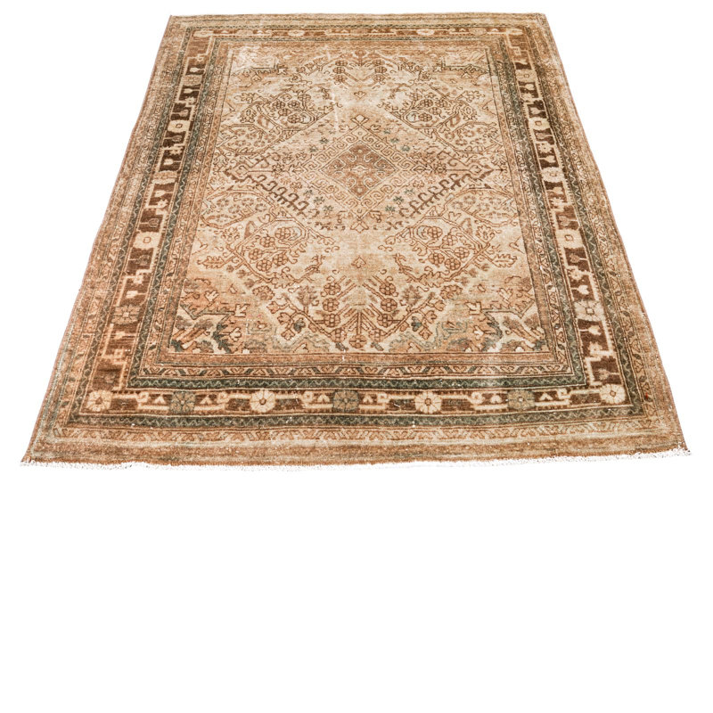 Tapis unique en laine beige / brun 3 pi 5 po x 4 pi 11 po années 1990