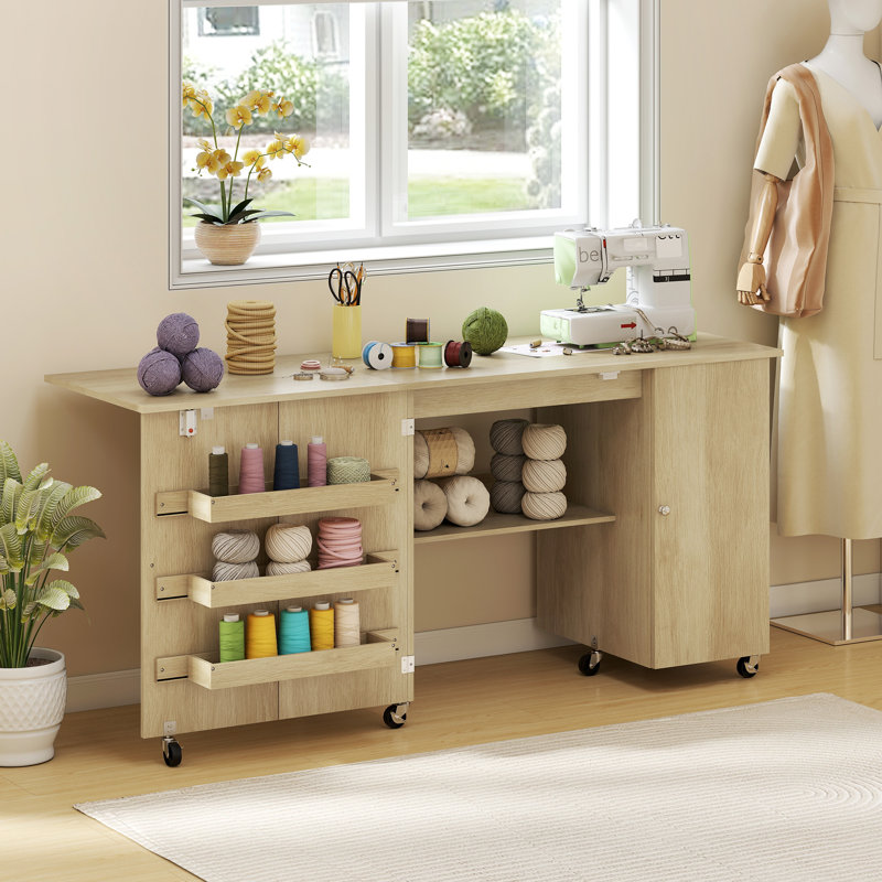 Table de couture pliante avec abattant, table de bricolage roulante, naturel, Bois naturel