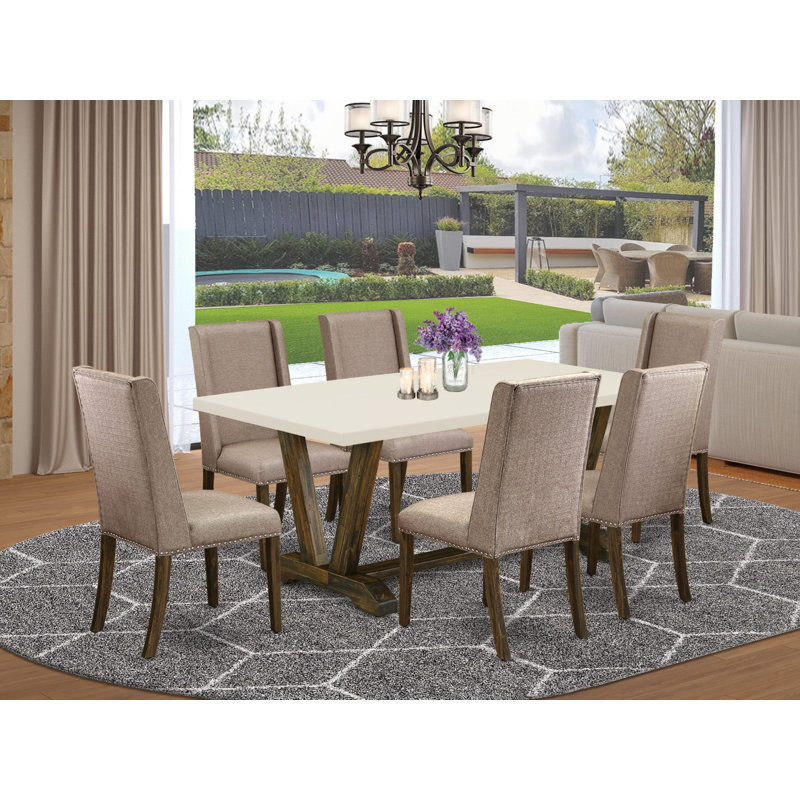 7-Pc set with a fantastic Distressed Jacobean Kitchen table top and 6 Dark Khaki parson chairs with Nail heads and a High Stylish Chair Back, Distressed Jacobean Finish