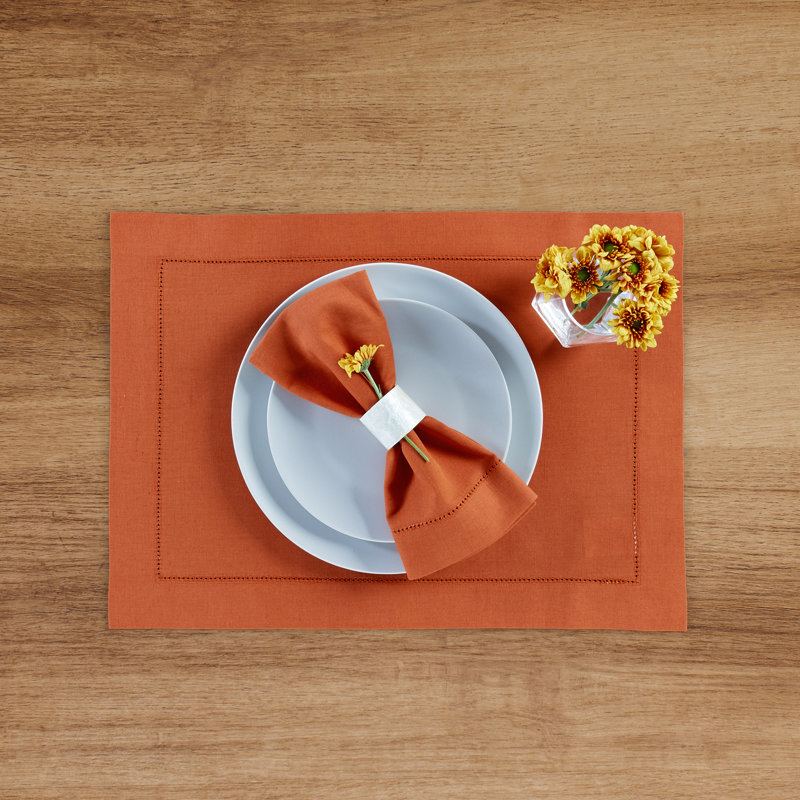Cotton Linen Hemstitch Dinner Napkins, Burnt Orange