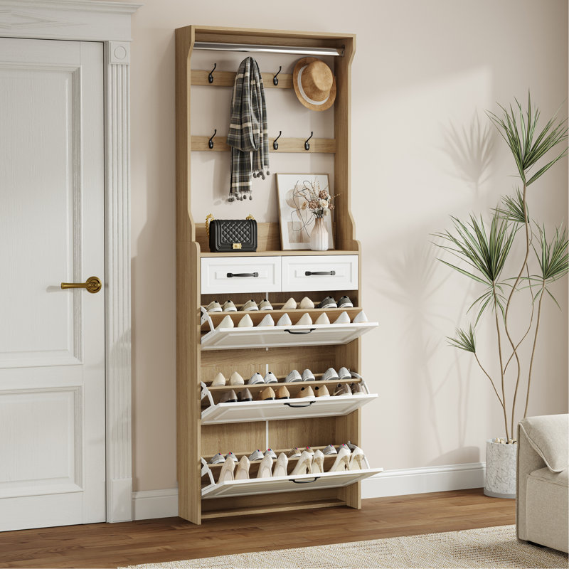 Armoire à chaussures de couleur chêne avec 3 portes et 2 tiroirs avec support, grand espace de rangement