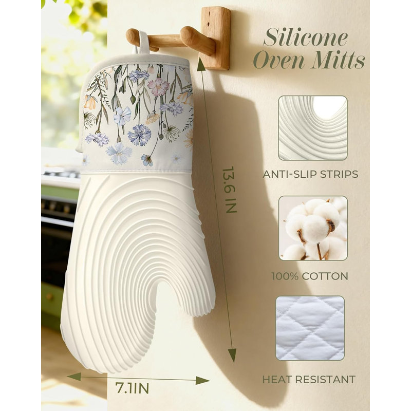 2 Pcs Beige Wild Flowers Long Silicone Oven Mitts