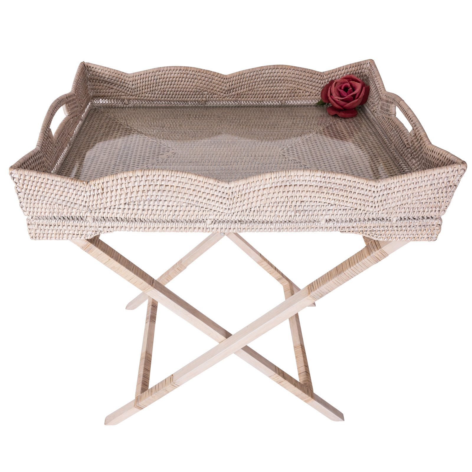 Scallop Design Butler Tray With Glass Insert, White Wash