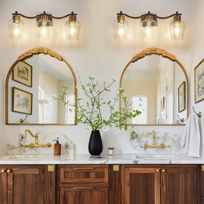 Black Vanity Light With Seeded Glass Shade, 3 Lights