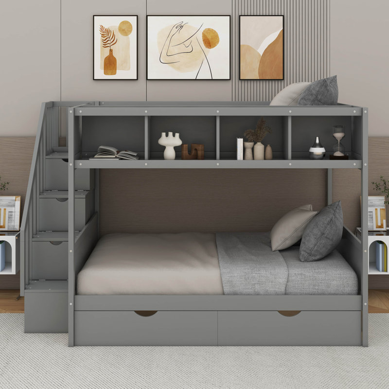 Lit simple superposé au dessus d'un lit double avec tablettes et tiroirs, Gris