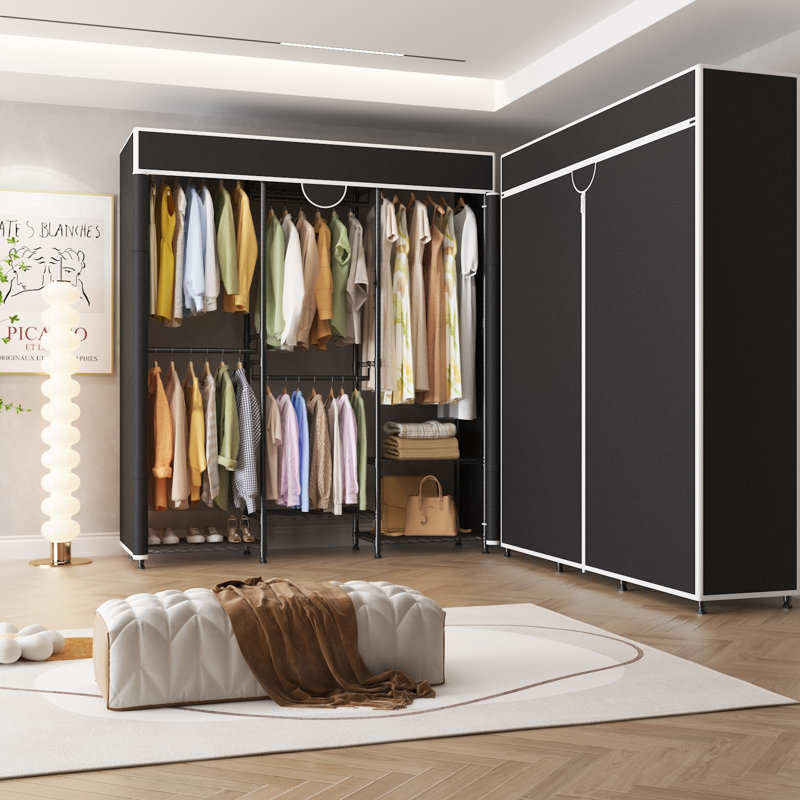 Heavy Duty Portable Closet Wardrobe, 70.87in Clothes Rack with Cover, 1100lb Capacity, Adjustable, Carbon Steel, Black