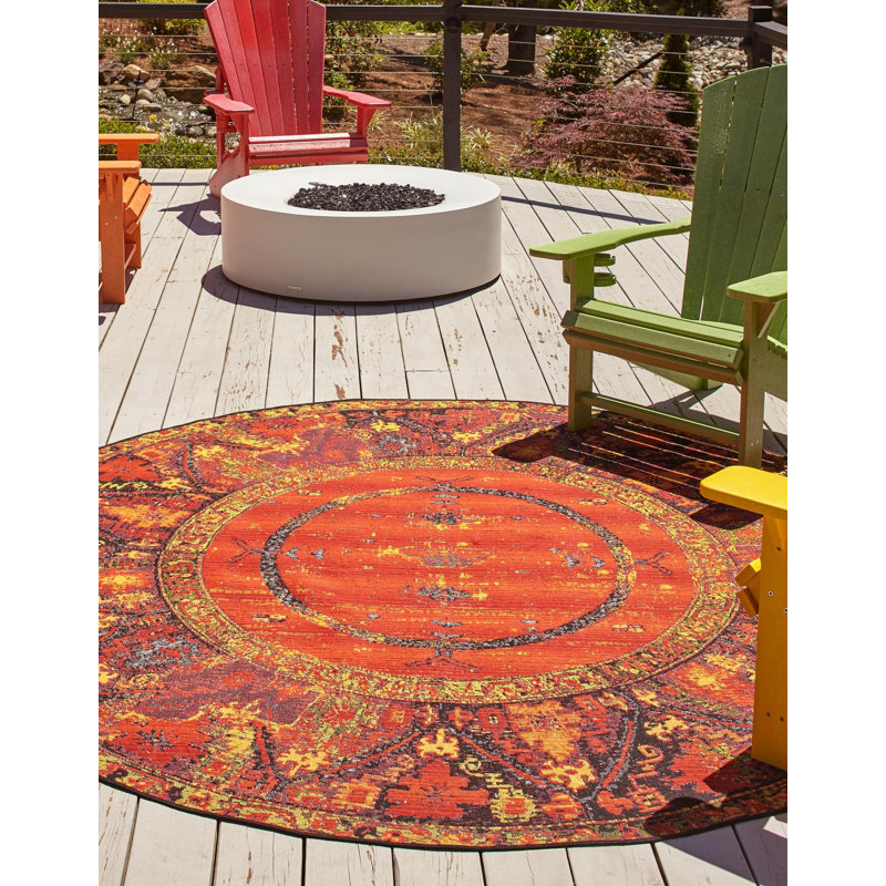 Tapis oriental rouge / jaune / noir intérieur / extérieur Gurrola, Rond 7 pi 10 po