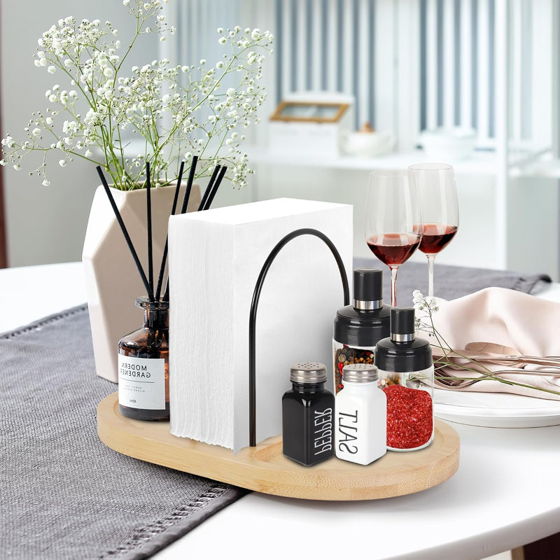 Porte-serviettes en bambou rotatif avec rangement pour salière et poivrière
