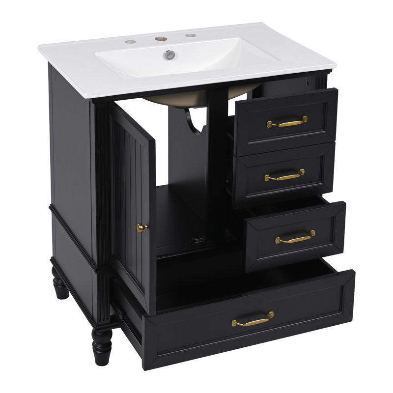 Meuble-lavabo simple 30 po avec comptoir en céramique, Doré, Noir, noir, noir, noir