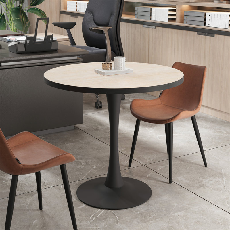 Modern Round Travertine Stone Top Dining Table Pedestal Base For Kitchen Patio 30 Inch, Beige/Black