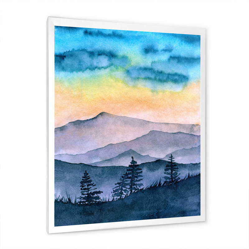 Paysage avec montagnes brumeuses au coucher du soleil - peinture sur toile, H 44 po x l 34 po, Cadre photo blanc