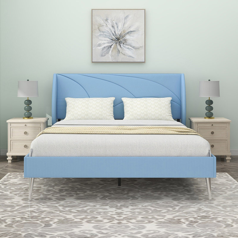 Lit plateforme simple tapissier, Bleu clair, Grand